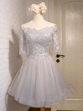 Half Sleeves Short Lace Semi Formal Prom Dresses, Short Lace Homecoming Bridesmaid Dresses